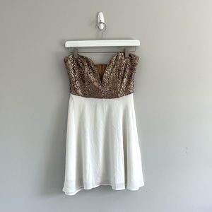 Tobi Strapless Gold Sequin Top & White Mini Party Dress Size M Runs Small